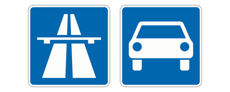 Links das amtliche Zeichen Autobahn, rechts das amtliche Zeichen Kraftfahrstraße.