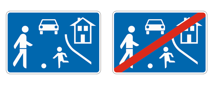Amtliche Zeichen für Beginn und Ende eines verkehrsberuhigten Bereichs, von links nach rechts.