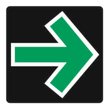 Festes Grünpfeilschild: grüner Rechtspfeil auf schwarzem Quadrat.