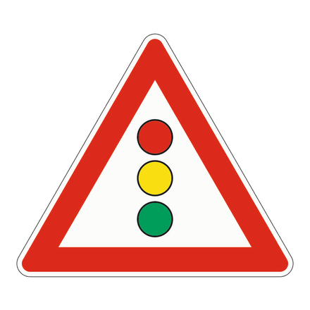 Gefahrzeichen „Lichtzeichenanlage“: rot umrandetes Dreieck mit einer Ampel.