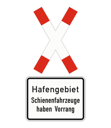 Stehendes Andreaskreuz mit dem Zusatzzeichen Hafengebiet Schienenfahrzeuge haben Vorrang