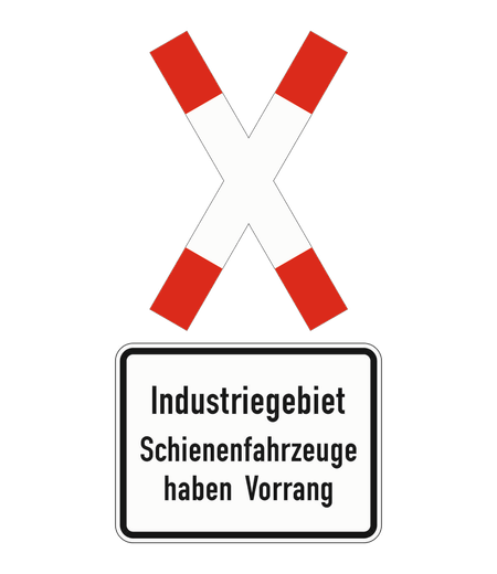 Stehendes Andreaskreuz mit dem Zusatzzeichen Industriegebiet Schienenfahrzeuge haben Vorrang