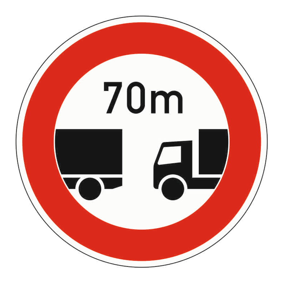 Rundes Schild mit rotem Rand, zwei schwarzen Lastkraftwagen und der Angabe 70 m darüber.