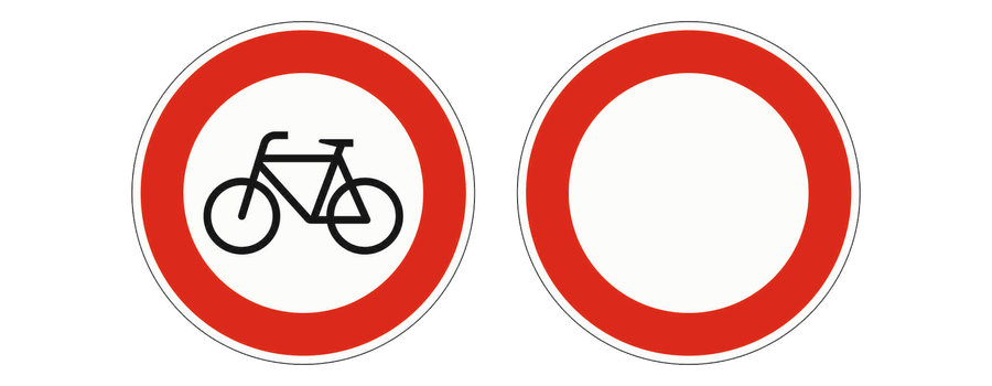 Offizielle Zeichen Verbot für Radverkehr und Verbot für Fahrzeuge aller Art nebeneinander.