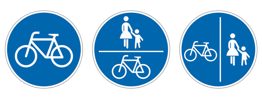Die offiziellen Zeichen Radweg, Gemeinsamer Geh- und Radweg und Getrennter Rad- und Gehweg mit Radweg links.