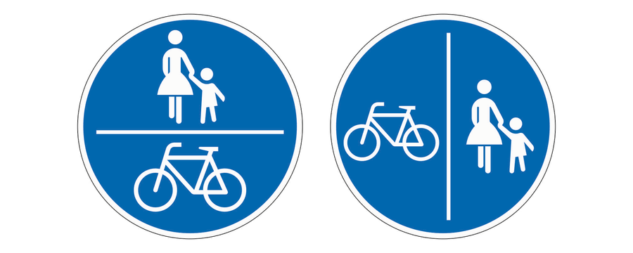 Links ein blaues Schild mit Fußgängern über einem Fahrrad und waagerechter Trennung. Rechts ein Schild mit Fahrrad links und Fußgängern rechts, senkrecht getrennt.
