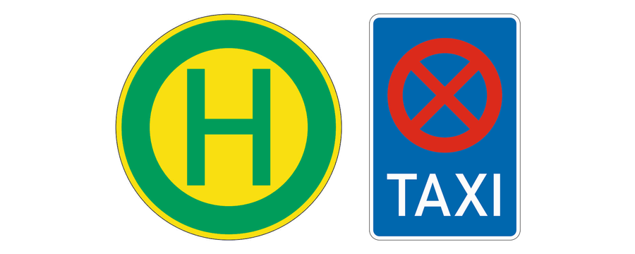 Links das Haltestellenschild mit grünem H in gelbem Kreis. Rechts das blaue rechteckige Taxenstandsschild mit rotem Kreis und rotem Kreuz über der Aufschrift TAXI.