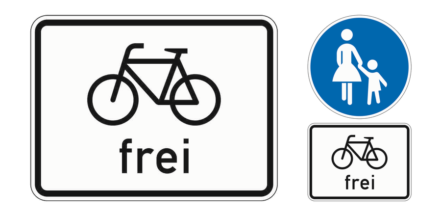 Links das allein stehende Zusatzzeichen Radverkehr frei. Rechts das blaue Gehwegschild mit Radverkehr frei darunter.