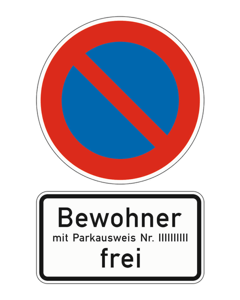 Eingeschränktes Haltverbot mit dem Zusatzzeichen Bewohner mit Parkausweis Nr. ... frei
