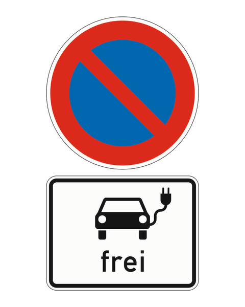 Eingeschränktes Haltverbot, darunter das Zusatzzeichen Elektrisch betriebene Fahrzeuge frei mit Auto und Stecker