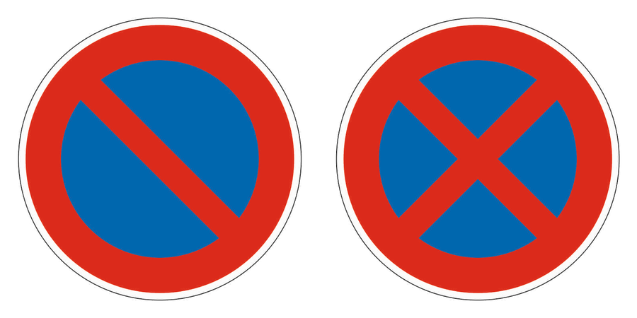 Links eingeschränktes Haltverbot mit einem roten Schrägbalken, rechts absolutes Haltverbot mit rotem Kreuz