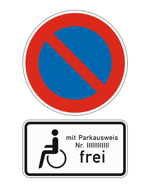 Eingeschränktes Haltverbot, darunter das Zusatzzeichen mit Rollstuhlsymbol und der Aufschrift mit Parkausweis Nr. ... frei