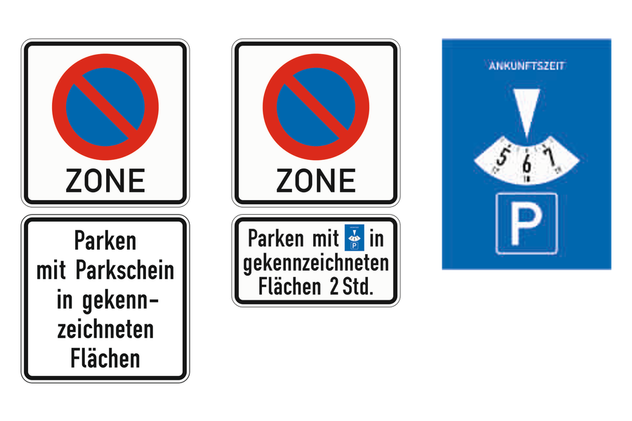 Zwei Zonenschilder mit Zusatzzeichen und eine Parkscheibe: links Parken mit Parkschein in gekennzeichneten Flächen, in der Mitte Parken mit Parkscheibe in gekennzeichneten Flächen 2 Std., rechts eine blaue Parkscheibe