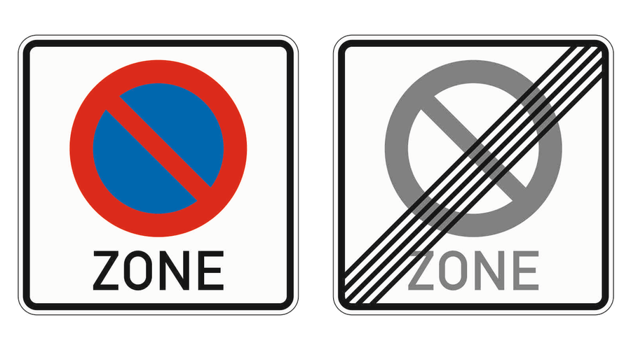 Links Beginn eines eingeschränkten Haltverbots für eine Zone, rechts Ende eines eingeschränkten Haltverbots für eine Zone
