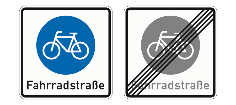Links Beginn einer Fahrradstraße, rechts Ende einer Fahrradstraße mit diagonalen schwarzen Streifen