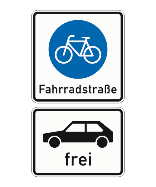 Beginn einer Fahrradstraße mit dem Zusatzzeichen Personenkraftwagen frei darunter