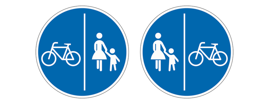 Zwei Zeichen für getrennten Rad- und Gehweg: links mit Radweg links, rechts mit Radweg rechts