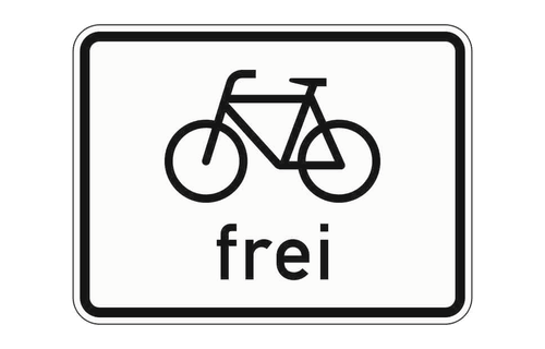 Weißes Zusatzzeichen mit schwarzem Fahrrad und dem Wort frei