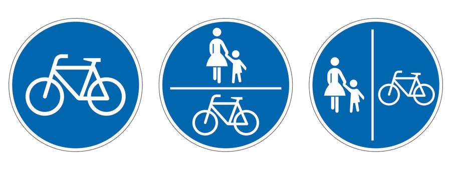 Von links: Radweg, gemeinsamer Geh- und Radweg, getrennter Rad- und Gehweg mit Radweg rechts