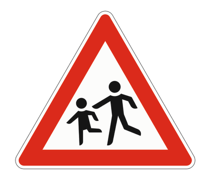 Dreieckiges Gefahrzeichen mit rotem Rand und zwei Kindern.