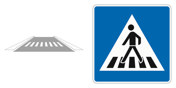 Links die offizielle Markierung Fußgängerüberweg mit weißen Streifen, rechts das blaue Schild Fußgängerüberweg für die Aufstellung rechts
