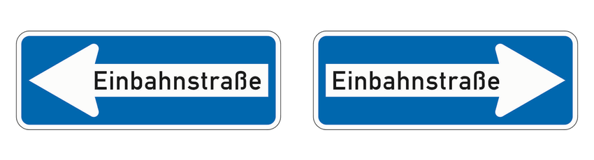 Die beiden offiziellen Einbahnstraßenschilder mit Pfeil nach links und nach rechts