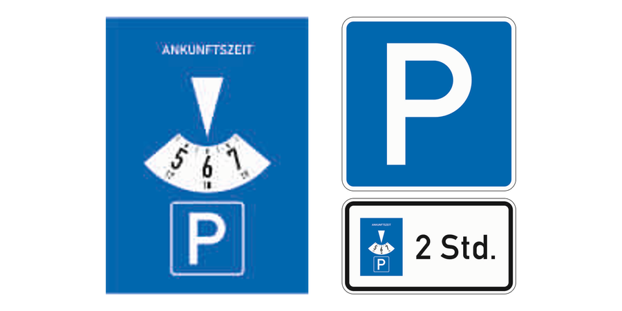 Links die offizielle Parkscheibe, rechts Parken mit dem Zusatzzeichen Parkscheibe 2 Stunden