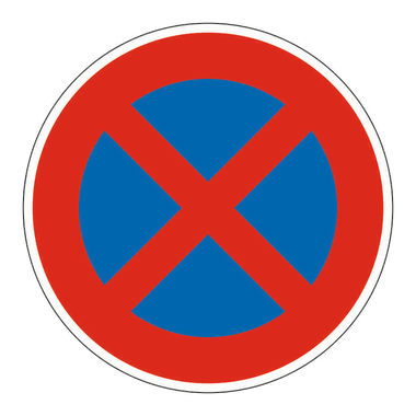 Rundes blaues Schild mit rotem Rand und rotem Kreuz