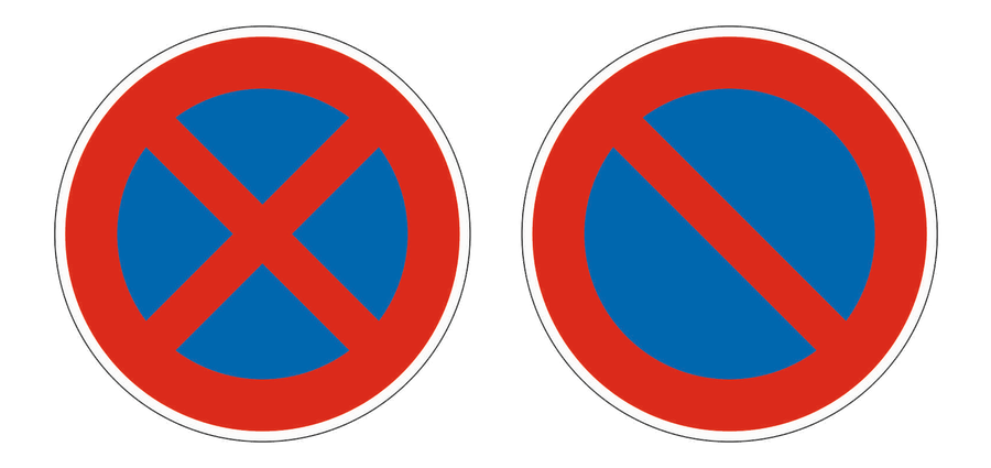Links absolutes Haltverbot mit rotem Kreuz, rechts eingeschränktes Haltverbot mit einem roten Schrägbalken