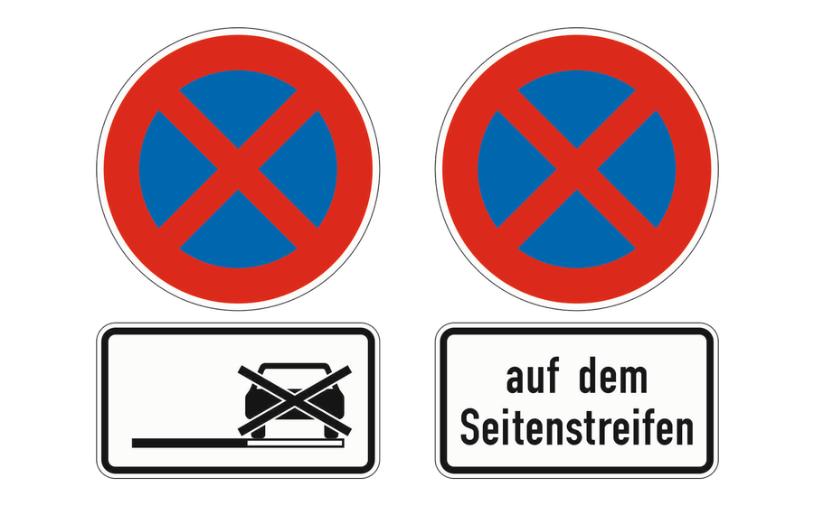 Zwei absolute Haltverbotsschilder: links mit dem Zusatzzeichen Haltverbot auch auf dem Seitenstreifen, rechts mit dem Zusatzzeichen Auf dem Seitenstreifen