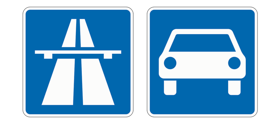 Links das blaue Zeichen Autobahn mit stilisierten Fahrbahnen und Brücke, rechts das blaue Zeichen Kraftfahrstraße mit weißem Auto.