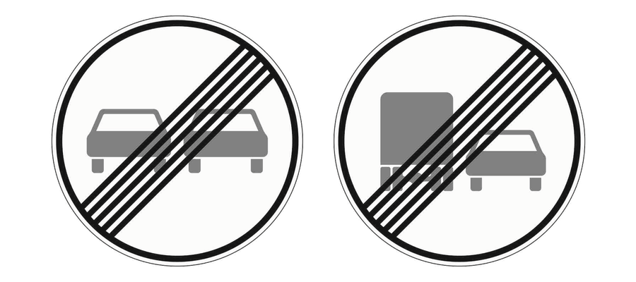 Links Ende des Überholverbots für Kraftfahrzeuge aller Art, rechts Ende des Überholverbots für Kraftfahrzeuge über 3,5 t.