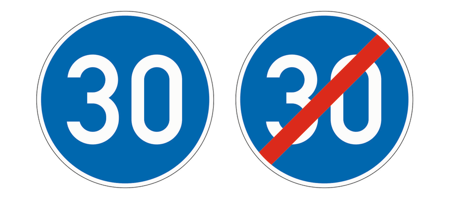 Links das blaue runde Zeichen Vorgeschriebene Mindestgeschwindigkeit mit weißer Zahl 30, rechts dasselbe Zeichen mit rotem Schrägstrich: Ende der vorgeschriebenen Mindestgeschwindigkeit.