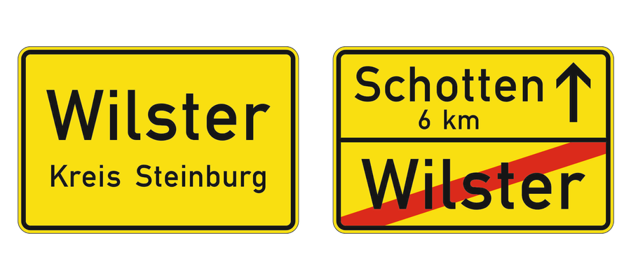 Links die gelbe Ortstafel Vorderseite, rechts die Ortstafel Rückseite mit rotem Schrägstrich über dem Ortsnamen.