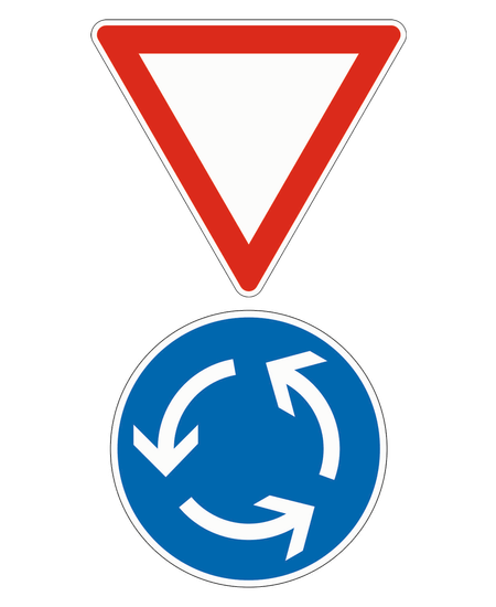 Das Zeichen „Vorfahrt gewähren“ mit dem Zeichen „Kreisverkehr“ darunter
