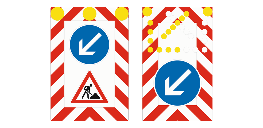Links eine fahrbare Absperrtafel, rechts eine fahrbare Absperrtafel mit Blinkpfeil