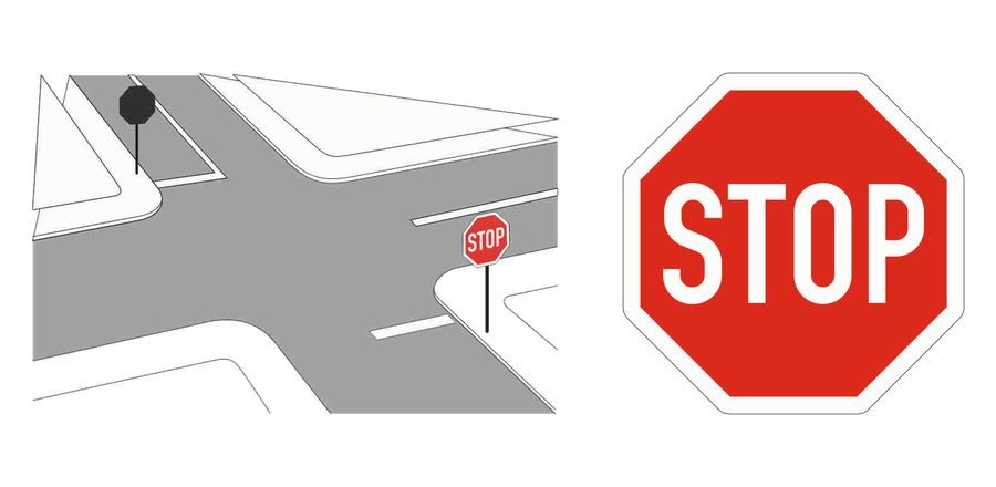 Links die amtliche Darstellung der Haltlinie an einer Kreuzung, rechts das rote Stoppschild mit weißer Aufschrift STOP