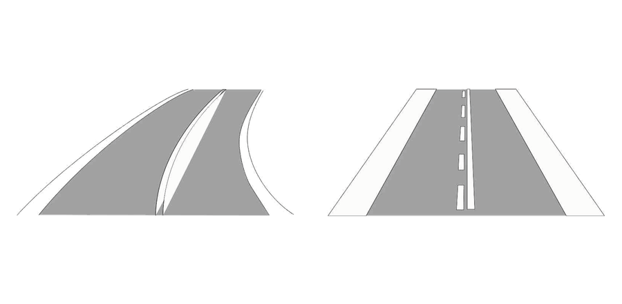 Amtliche Darstellungen: links Fahrstreifenbegrenzung und Fahrbahnbegrenzung, rechts einseitige Fahrstreifenbegrenzung mit unterbrochener und durchgehender Linie nebeneinander