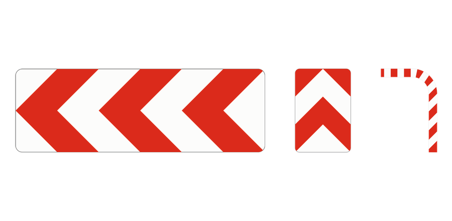 Von links: linksweisende Richtungstafel in Kurven, rot-weiße Leitplatte und gebogenes Leitmal