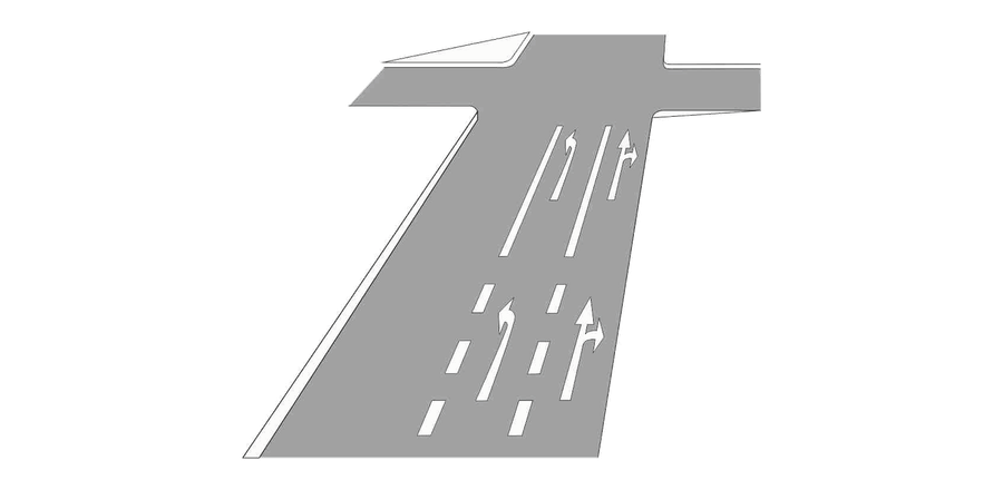 Amtliche Darstellung der Pfeilmarkierungen auf mehreren durch Linien getrennten Fahrstreifen
