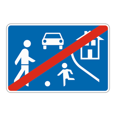 Ein blaues Rechteck mit Fußgänger, Kind, Auto und Haus, von einem roten Schrägstrich durchgestrichen
