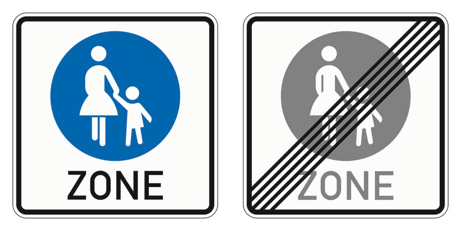 Die Zeichen „Beginn einer Fußgängerzone“ und „Ende einer Fußgängerzone“ nebeneinander