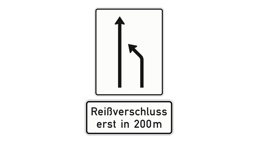 Offizielle Einengungstafel: Der rechte von zwei Fahrstreifen endet. Darunter das Zusatzzeichen Reißverschluss erst in 200 m.