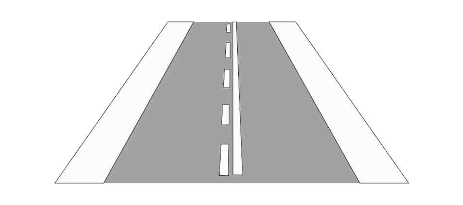 Offizielle Darstellung der einseitigen Fahrstreifenbegrenzung: Eine unterbrochene weiße Linie links liegt neben einer durchgehenden weißen Linie rechts.