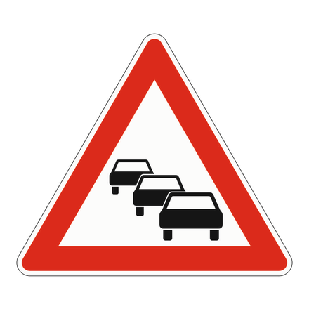 Gefahrzeichen Stau: roter Dreiecksrand und schwarze Fahrzeuge in einer Schlange.