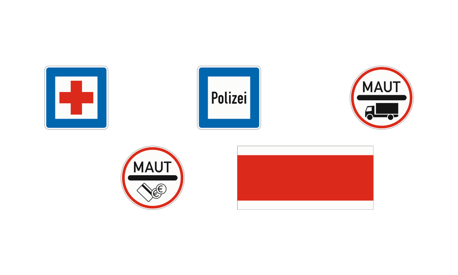 Zeichen für Erste Hilfe und Polizei, zwei Mautzeichen und ein rot-weißes Schild als Laternenring