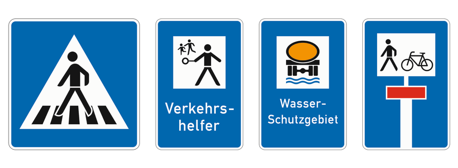 Zeichen für Fußgängerüberweg, Verkehrshelfer, Wasserschutzgebiet und eine für Fußgänger und Fahrräder durchlässige Sackgasse