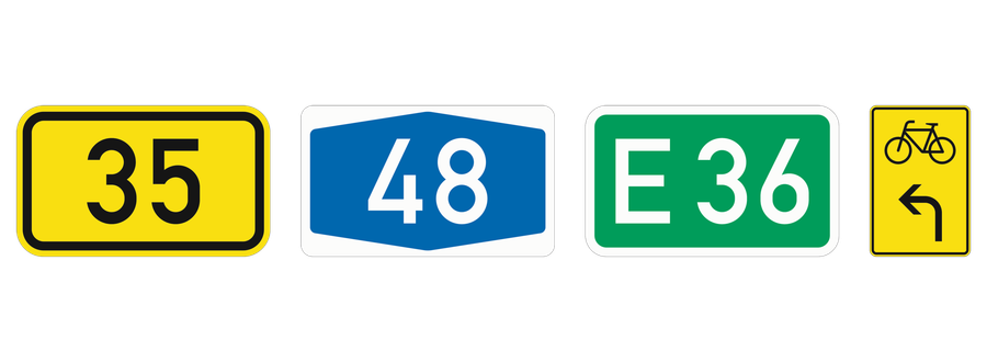 Nummernschilder für Bundesstraßen, Autobahnen und Europastraßen sowie Fahrradwegweiser nach links