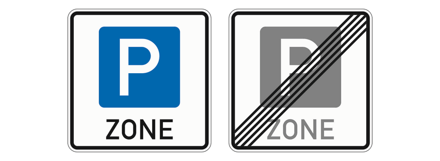 Zeichen einer Parkraumbewirtschaftungszone und deren durchgestrichenes Endzeichen