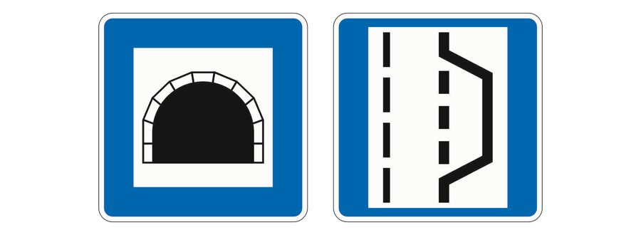 Blaue Zeichen mit Tunnelportal und seitlicher Nothalte- und Pannenbucht
